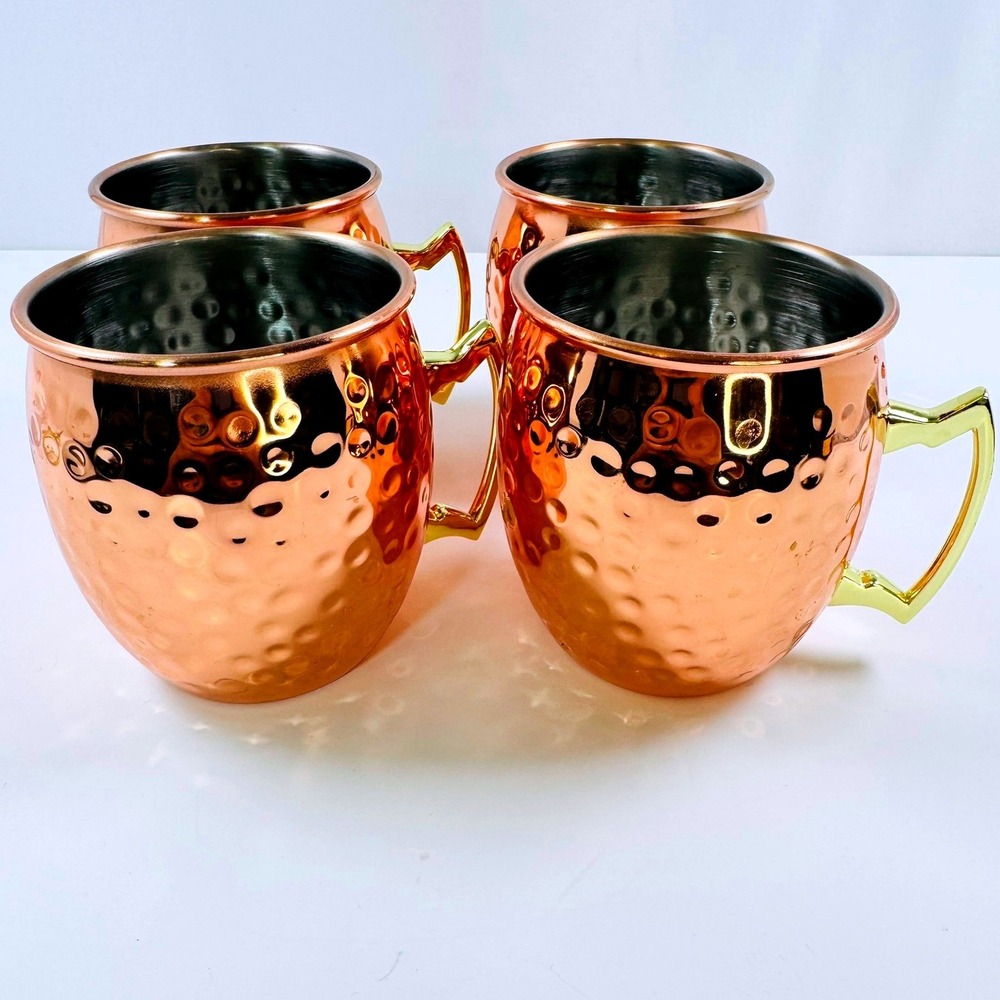 4 Hammered Copper Moscow Mule Mugs Gold Handles Stainless Steel CLEAN NICE